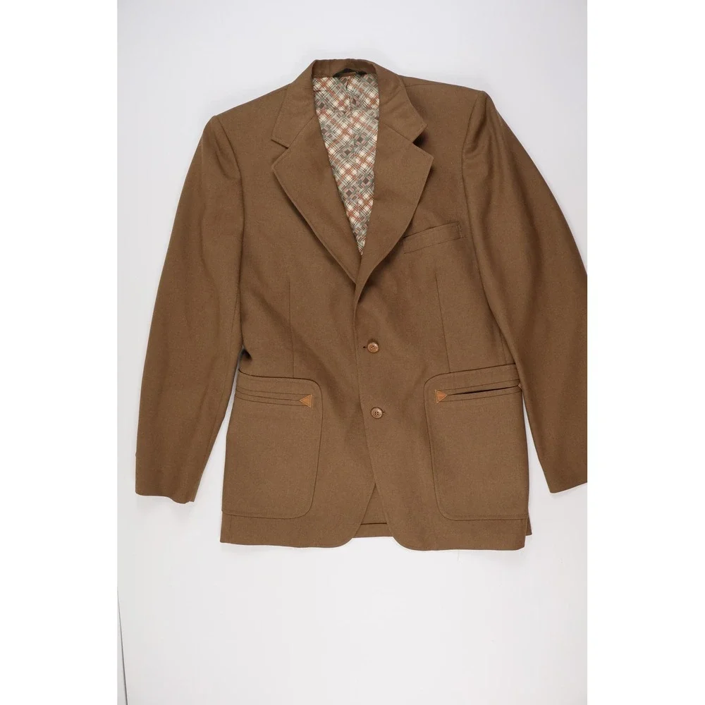 Johnny Carson Blazer Vest Set Brown Plaid Lining Vintage 42 Mens Wool Blend